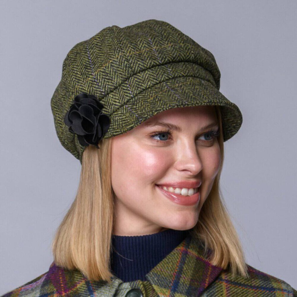 Ladies Irish Wool Newsboy - Green Herringbone