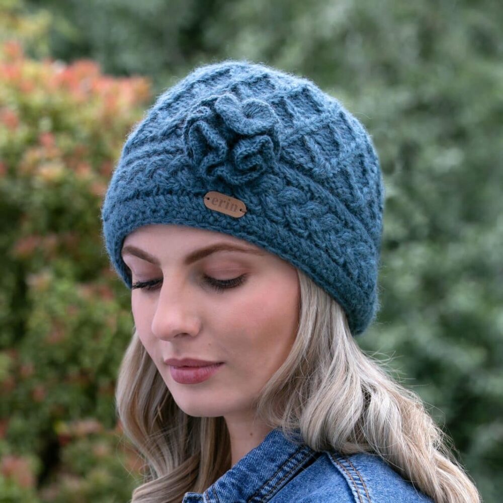 Aran Winter Trellis Beanie - Denim Blue
