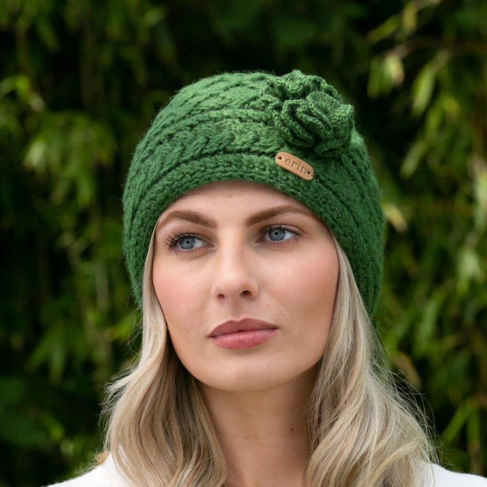 Aran Winter Trellis Beanie - Green