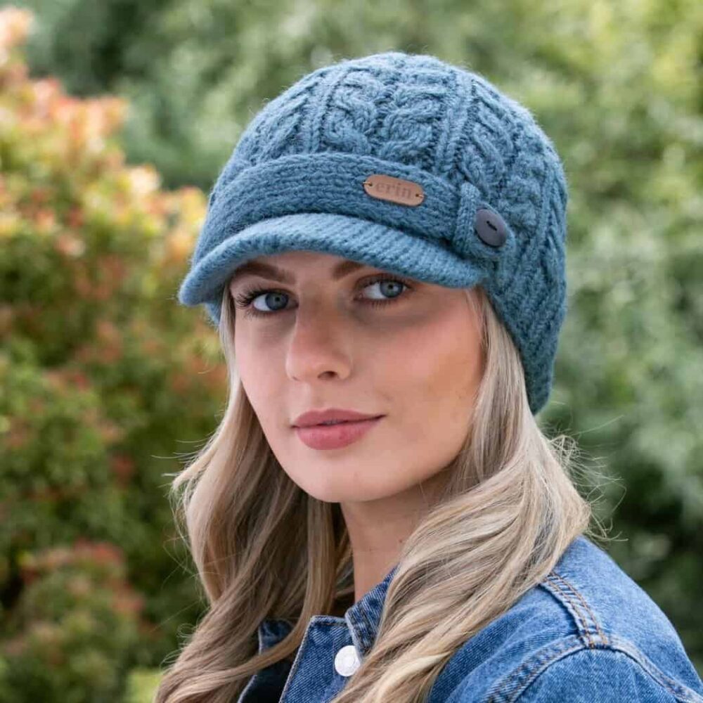 Cable Knit Wool Peak Cap For Women - Denim Blue