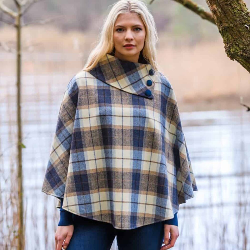 Ladies Three Button Wool Poncho - Blue Plaid