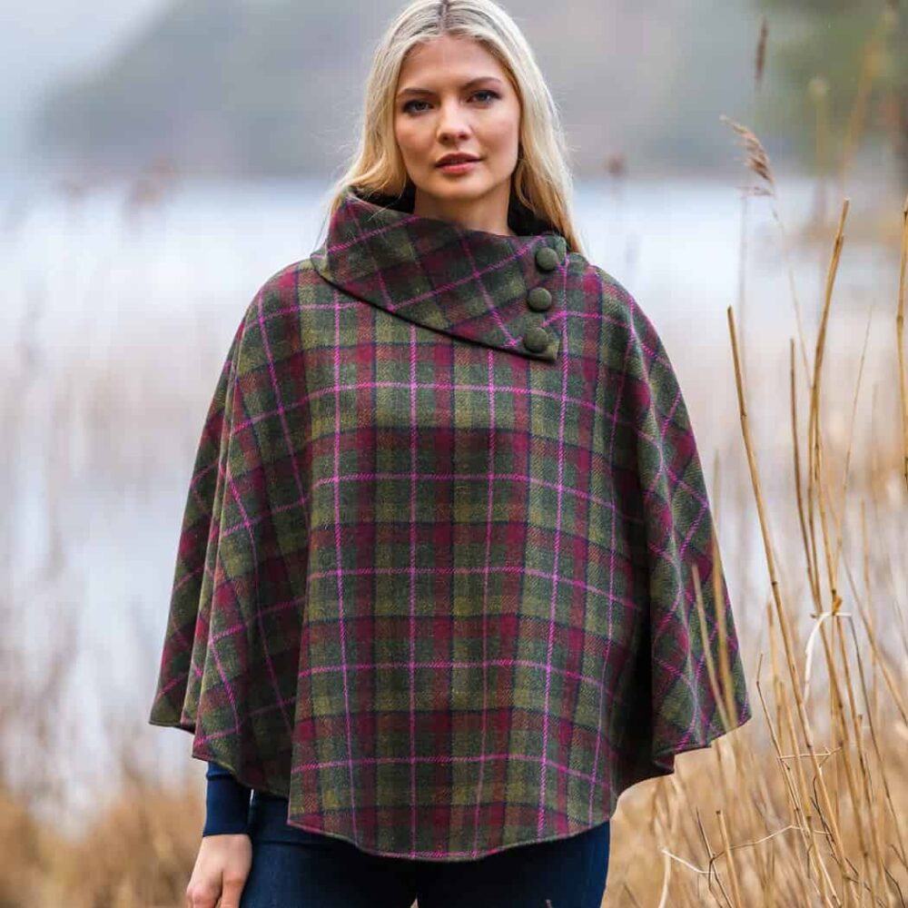 Ladies 3-Button Poncho Green and Pink Check