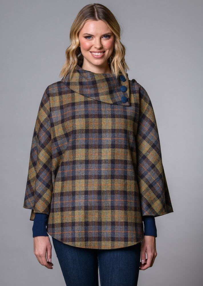 Ladies' Irish Tweed Poncho - Blue, Tan, Orange