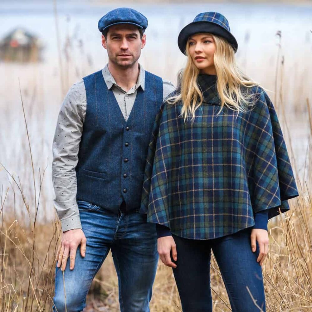 Ladies' Irish Tweed Poncho - Blue/Green Tartan