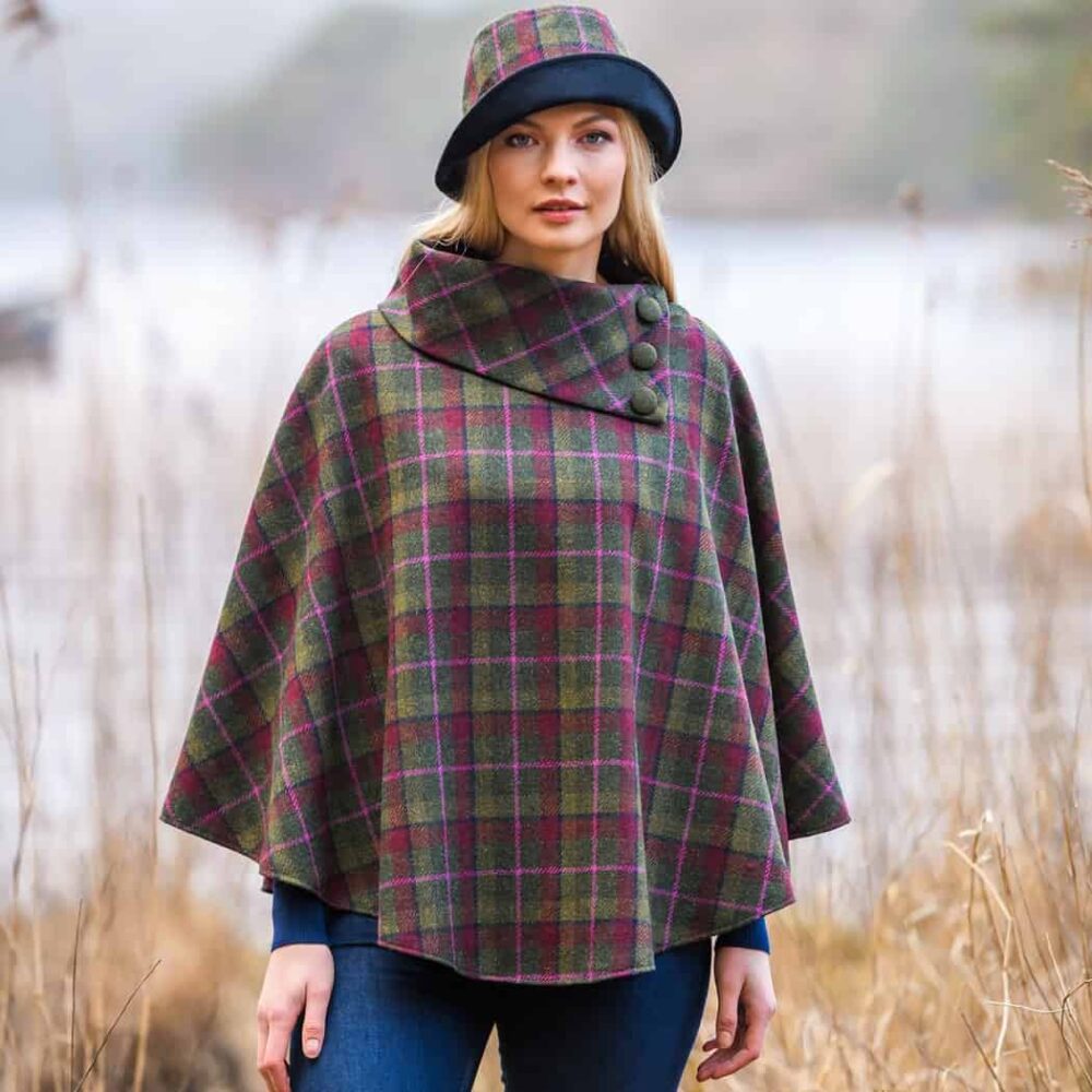 Ladies' Irish Tweed Poncho - Green and Pink Check