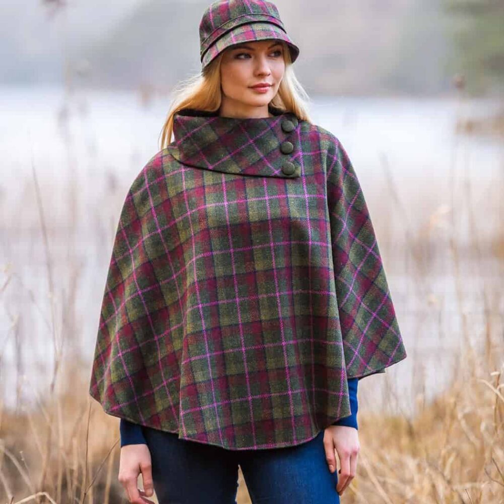 Ladies' Irish Tweed Poncho - Green and Pink Check