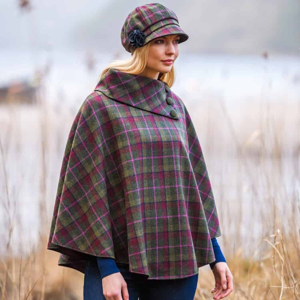 Ladies' Irish Tweed Poncho - Green and Pink Check