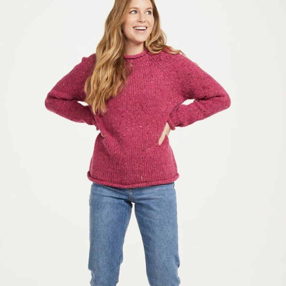 Women's Crew Roll Neck Sweater - Pink Fleck
