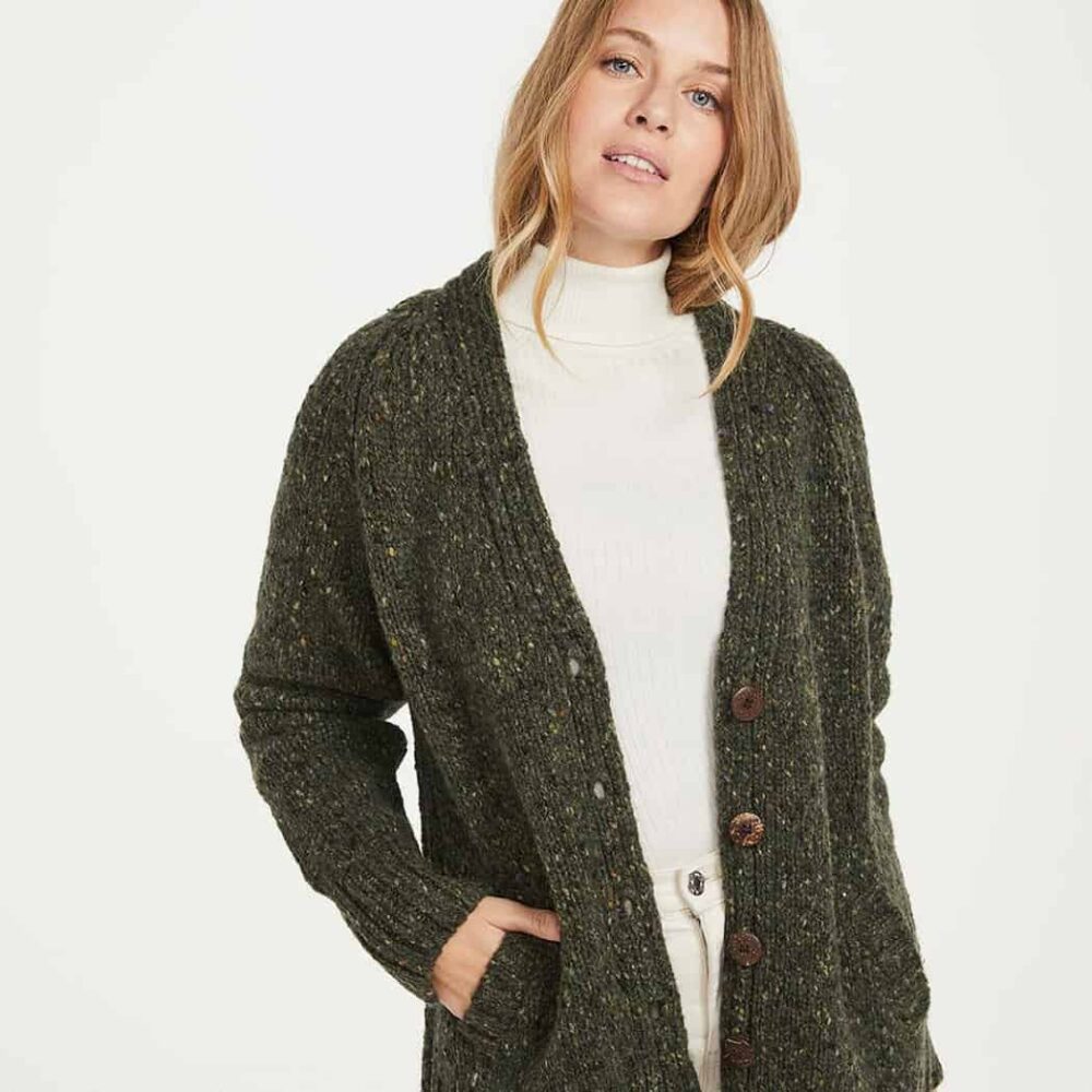 Ladies V-Neck Shetland Wool Cardigan - Green