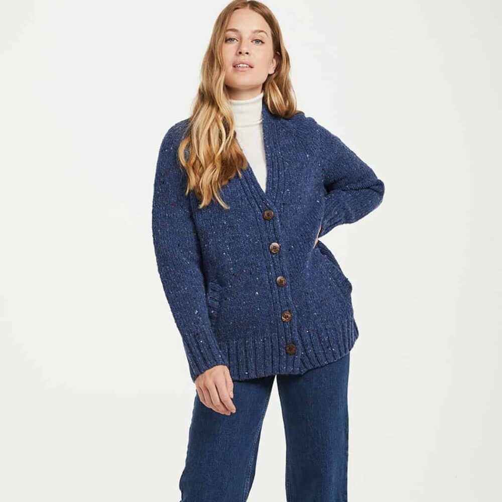 Ladies V-Neck Shetland Wool Cardigan - Denim Blue
