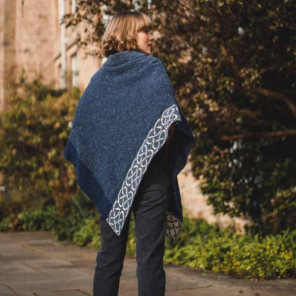 Ladies' Merino Wool Celtic Knotwork Poncho - Blue
