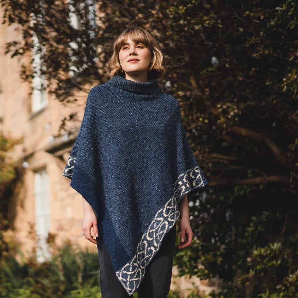 Ladies' Merino Wool Celtic Knotwork Poncho - Blue