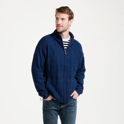Irish Wool Fisherman Sweater, Full Zip - Blue