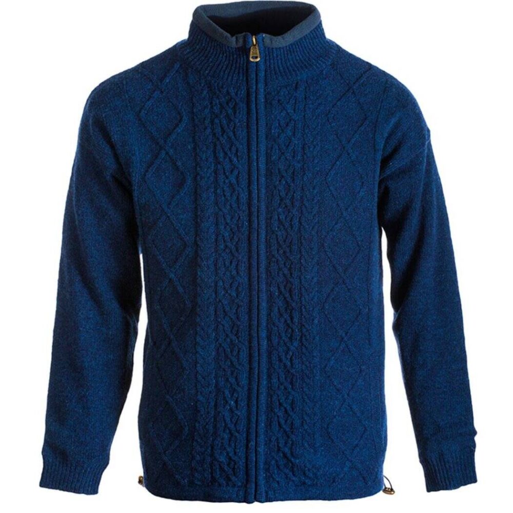 Irish Wool Fisherman Sweater, Full Zip - Blue