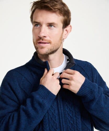 Irish Wool Fisherman Sweater, Full Zip - Blue - Image 3