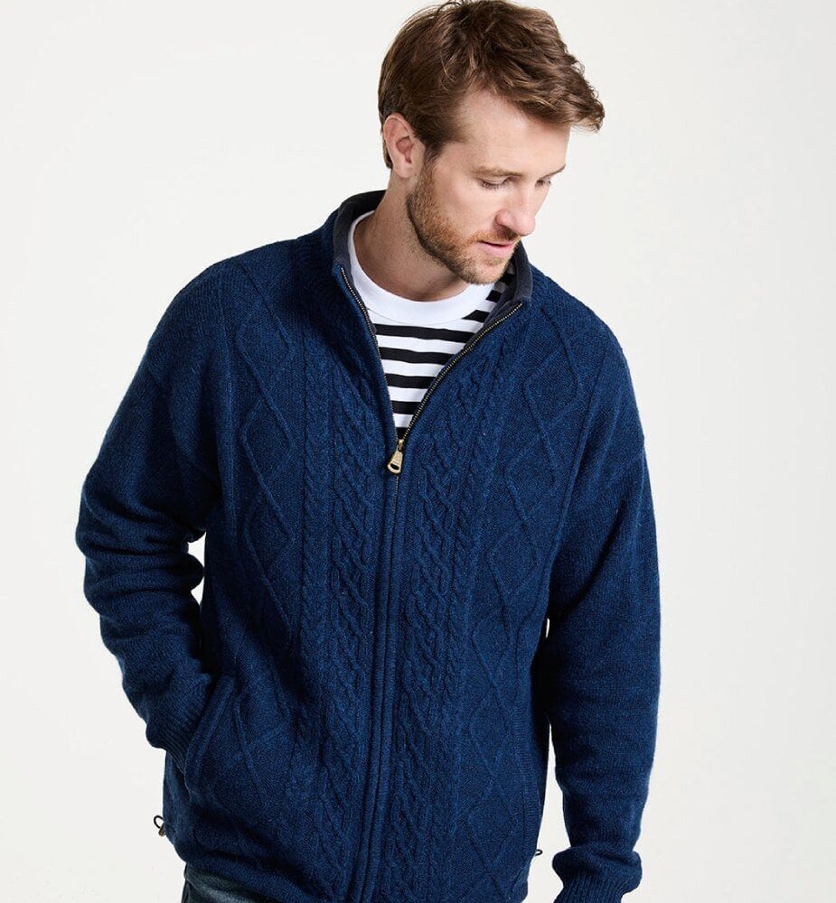 Irish Wool Fisherman Sweater, Full Zip - Blue