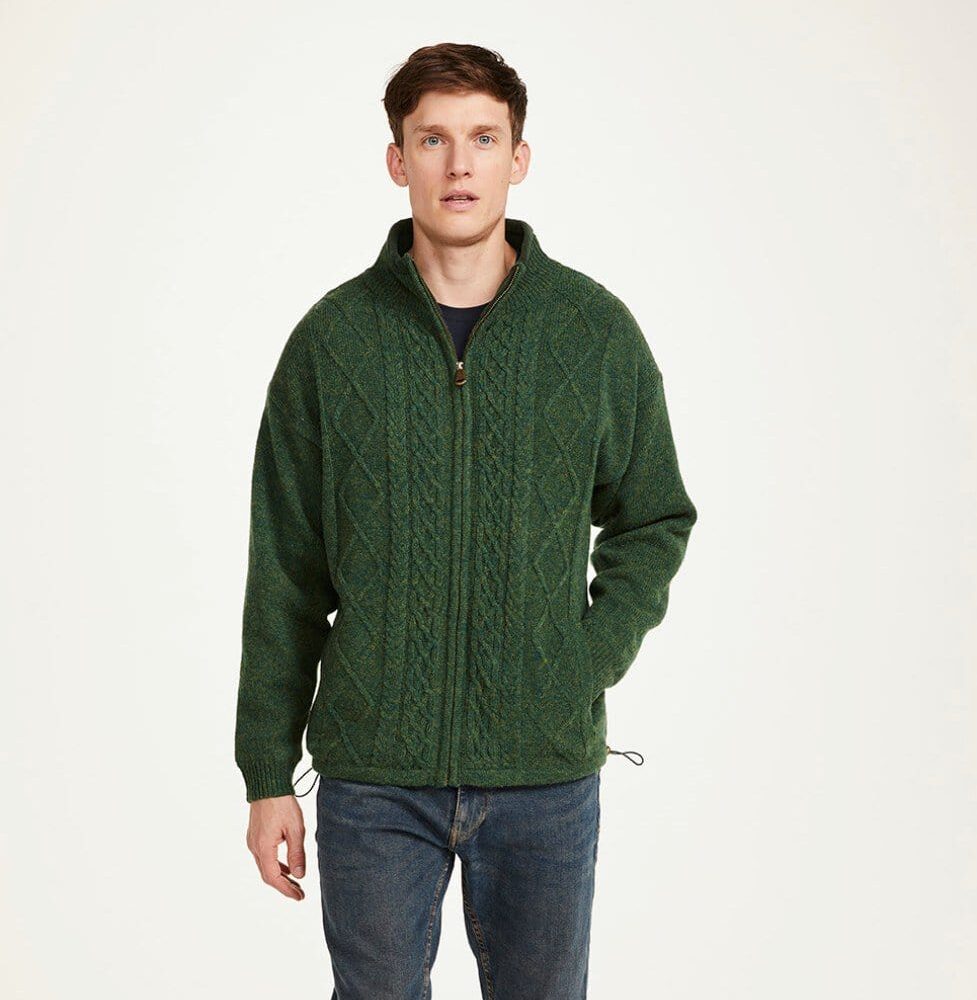 Irish Wool Aran Zip Up Cardigan For Men - Green
