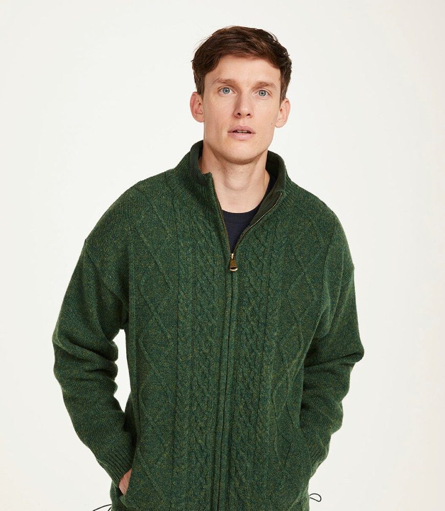 Irish Wool Aran Zip Up Cardigan For Men - Green