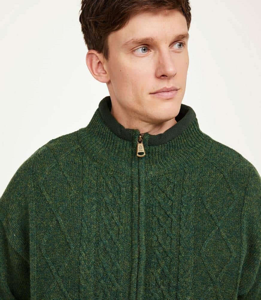Irish Wool Aran Zip Up Cardigan For Men - Green