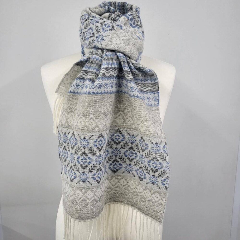 Fringed Lambswool Scarf , Fair Isle Style - Light Gray, Blue