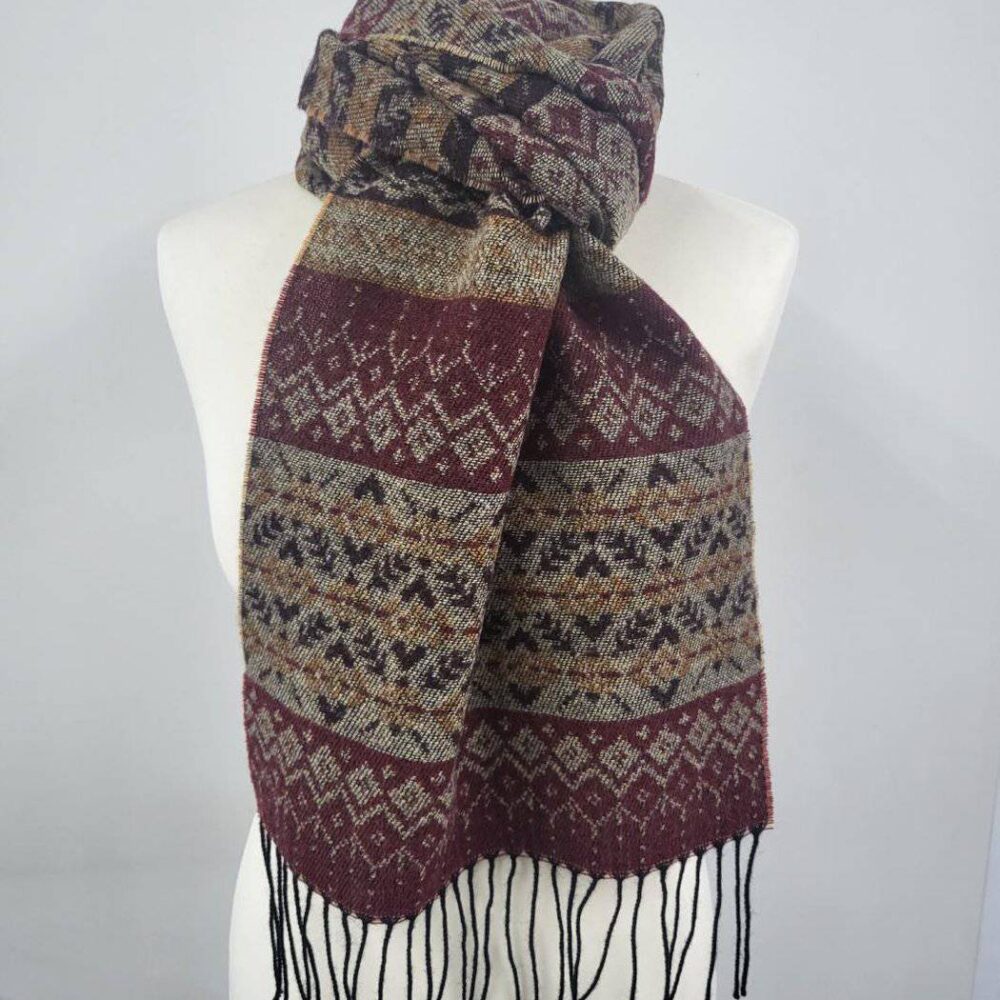 Lambswool Scarf, Fair Isle Style  - Claret Red