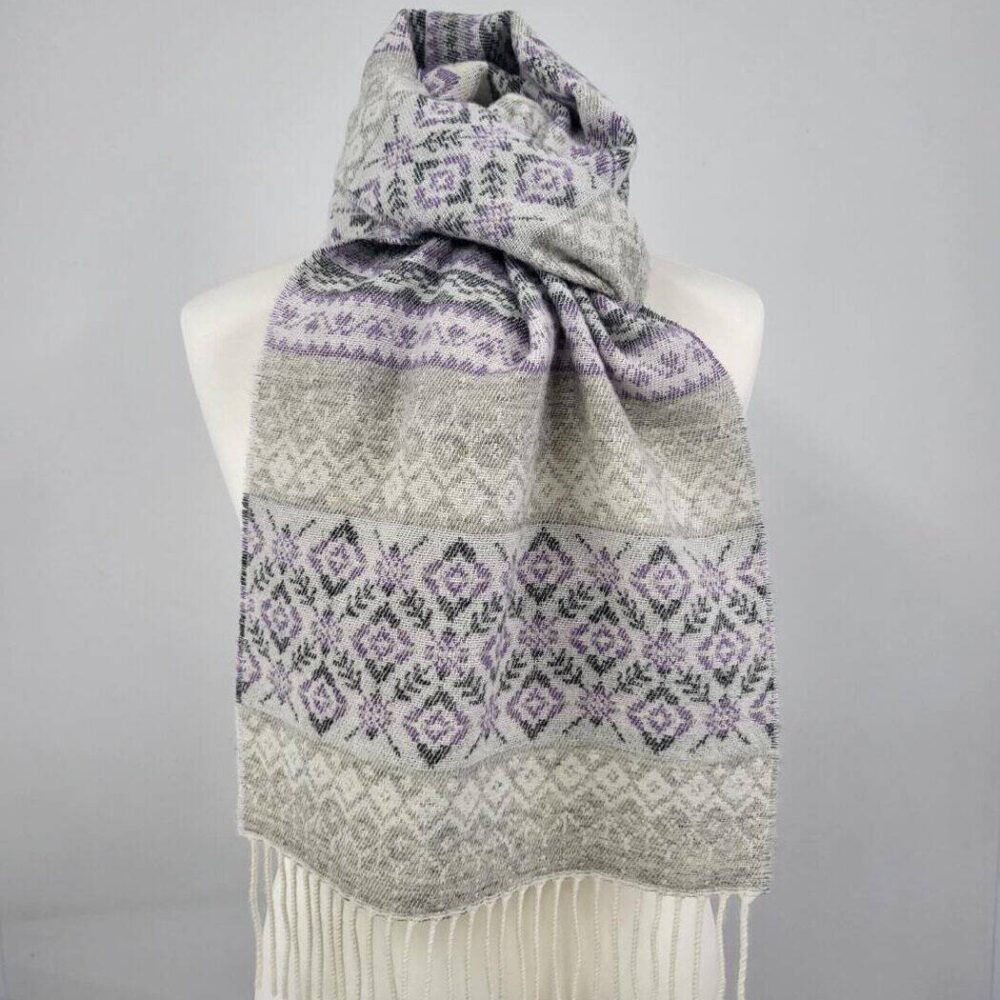 Ladies Scottish Wool Winter Scarf, Fair Isle Style - Light Gray, Purple