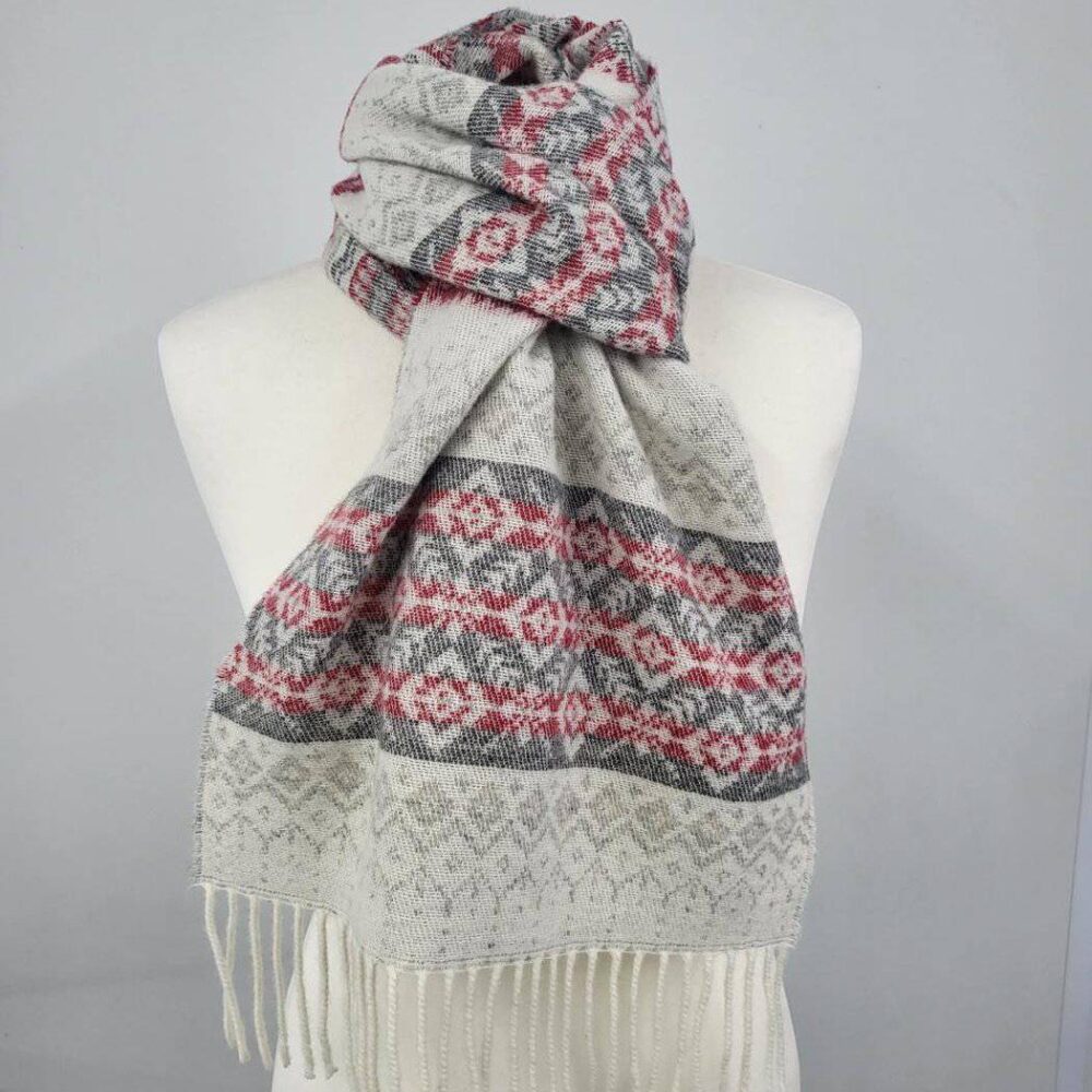 Winter Wool Scarf, Fair Isle Style - Light Gray, Red