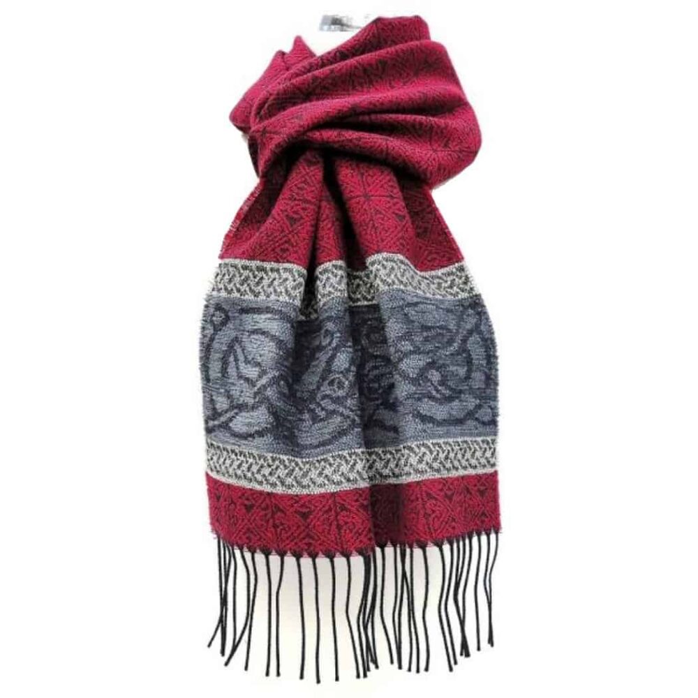Irish Design Scarf With Fringe Tassels - Red