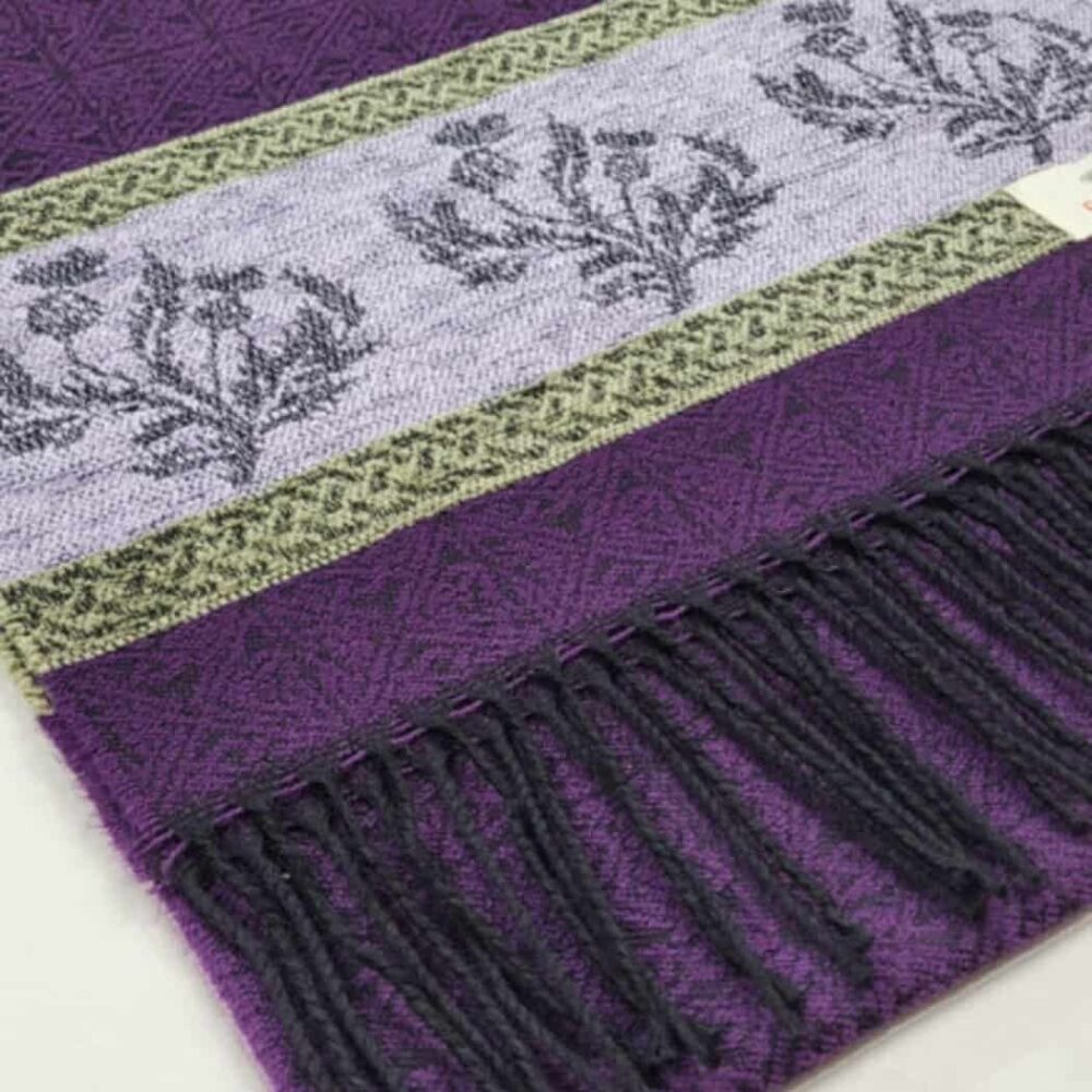 Ladies Celtic Scarf With Fringe - Thistle Purple