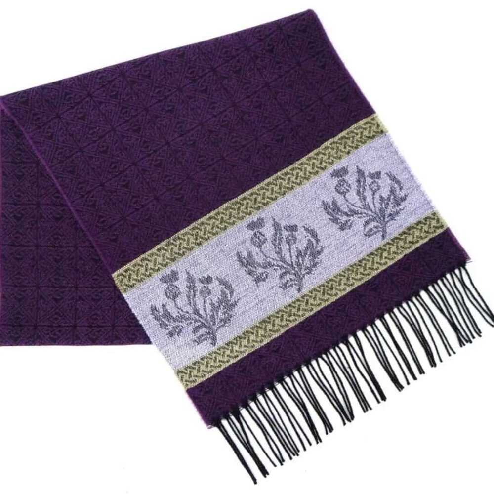 Ladies Celtic Scarf With Fringe - Thistle Purple