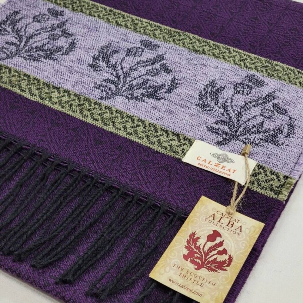Ladies Celtic Scarf With Fringe - Thistle Purple