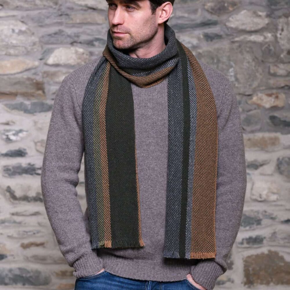 Soft Donegal Men's Tweed Scarf - Green, Gray, and Brown