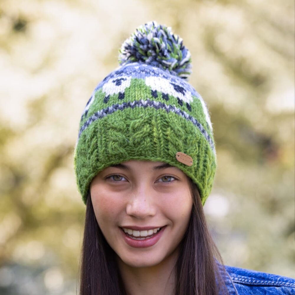Knitted Sheep Bobble Hat - Blue and Green