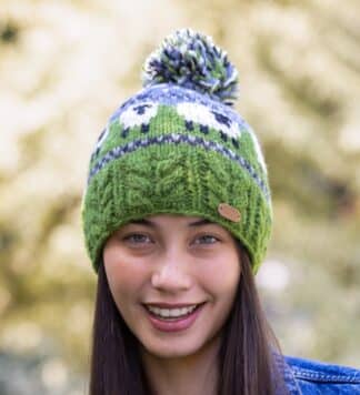 Knitted Sheep Bobble Hat - Blue and Green
