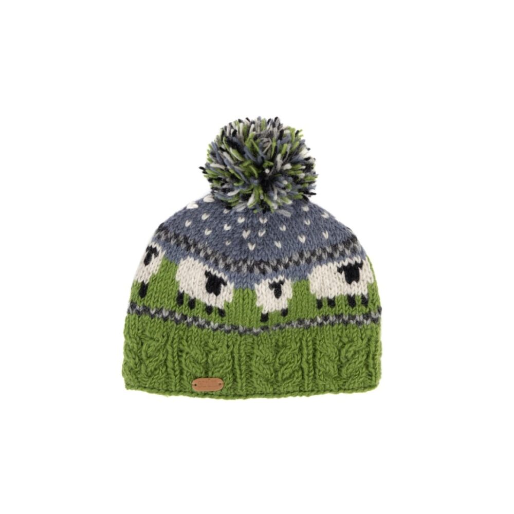 Knitted Sheep Bobble Hat - Blue and Green