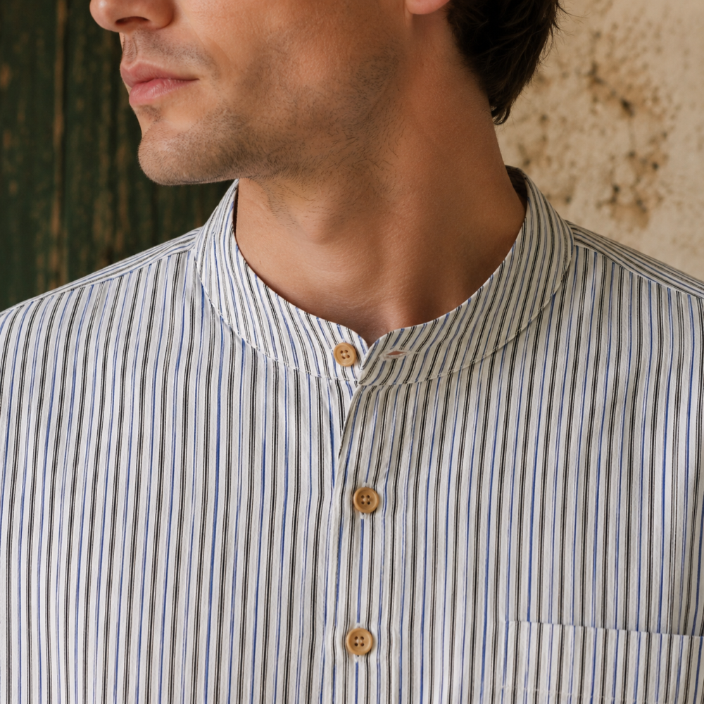 Classic Grandfather Shirt, 8-Button, Blue & Black Stripes