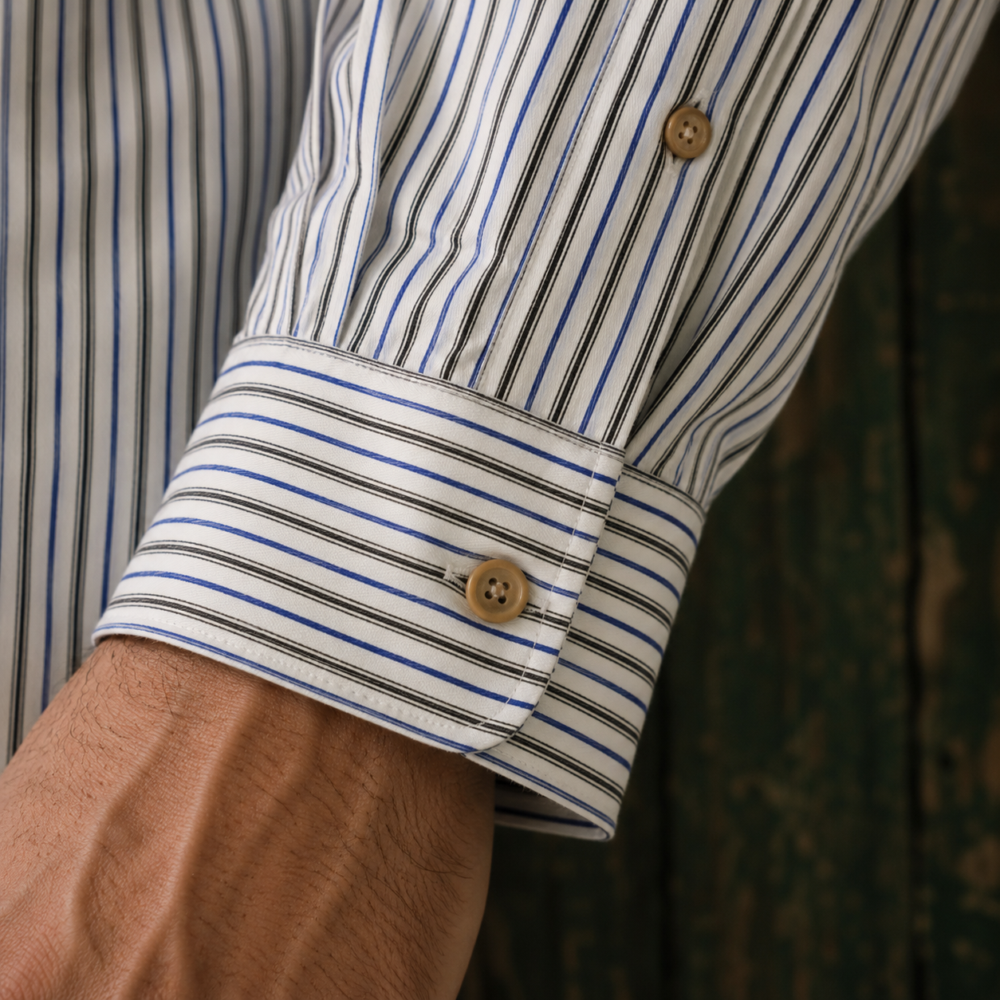 Classic Grandfather Shirt, 8-Button, Blue & Black Stripes