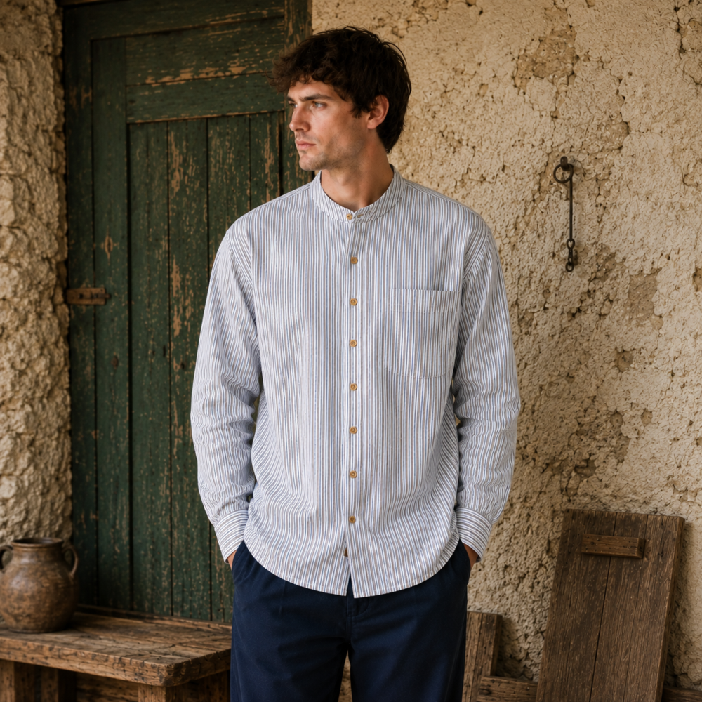 Classic Grandfather Shirt, 8-Button, Blue & Black Stripes