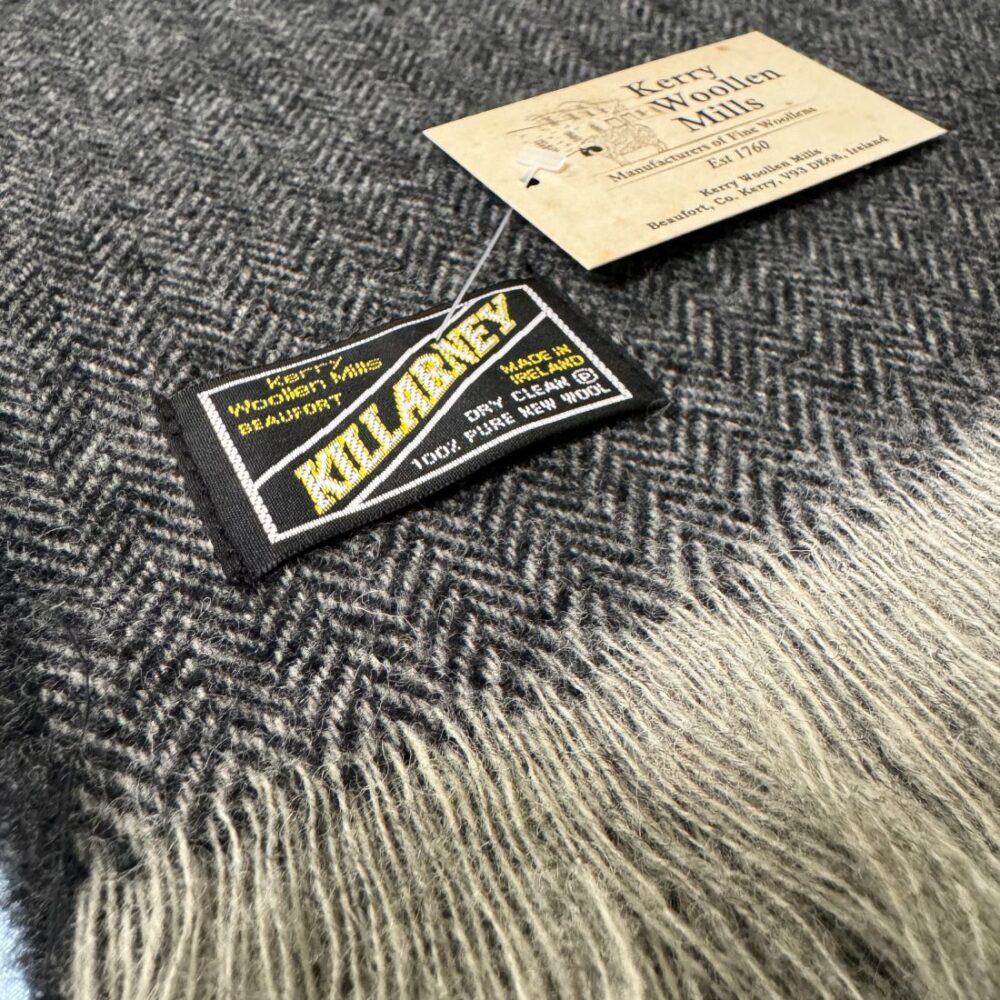 Irish Wool Herringbone Fringed Scarf - Gray