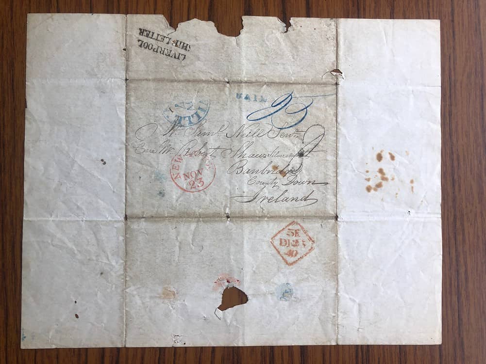 Stamped letter to Ireland from USA. 1840.