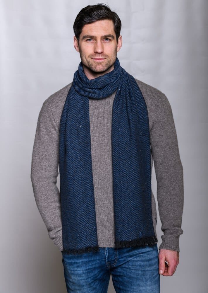 Soft Donegal Men's Tweed Scarf - Blue Herringbone