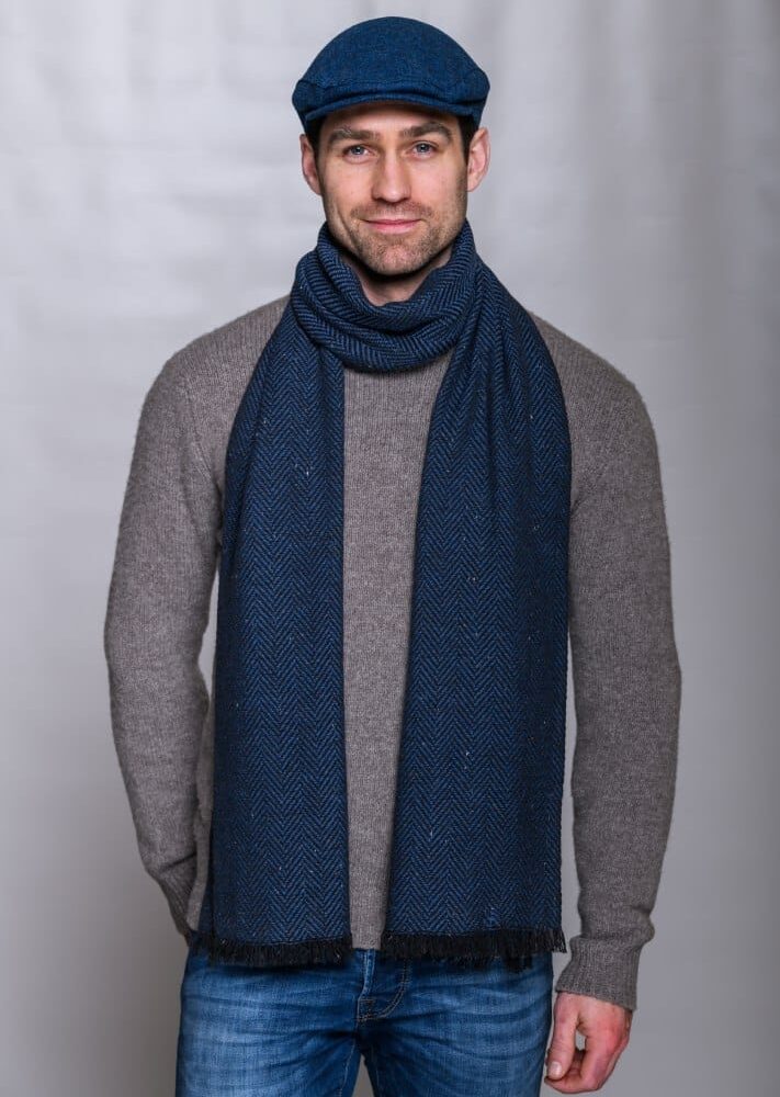Soft Donegal Men's Tweed Scarf - Blue Herringbone