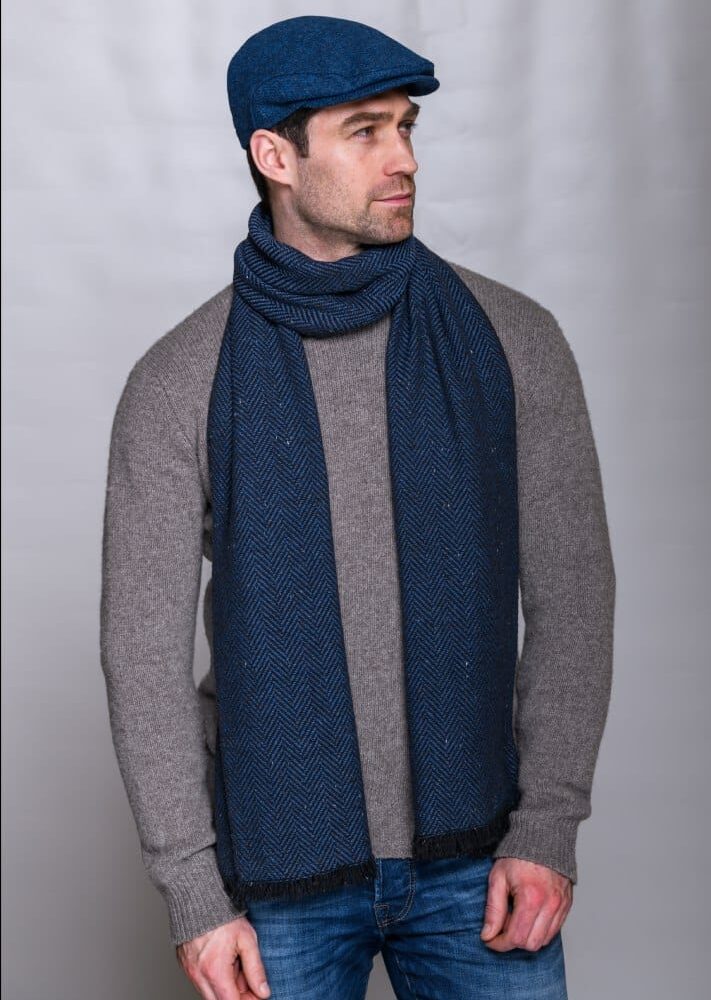 Soft Donegal Men's Tweed Scarf - Blue Herringbone