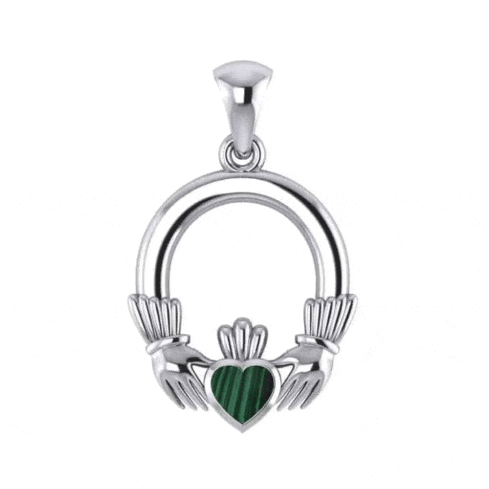 Ladies Irish Claddagh Silver Pendant with Emerald Green Gemstone