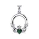 Ladies Irish Claddagh Silver Pendant with Emerald Green Gemstone