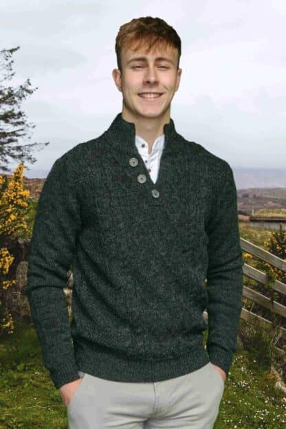 Irish Burren Open Neck Cable Knit Sweater - Atlantic Marl