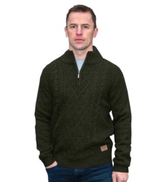 Traditional Irish Quarter Zip Cable Knit Sweater - Green Marl