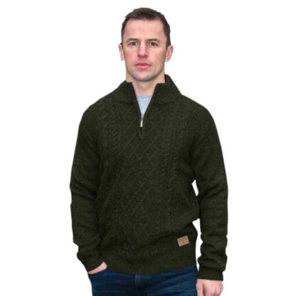 Traditional Irish Quarter Zip Cable Knit Sweater - Green Marl