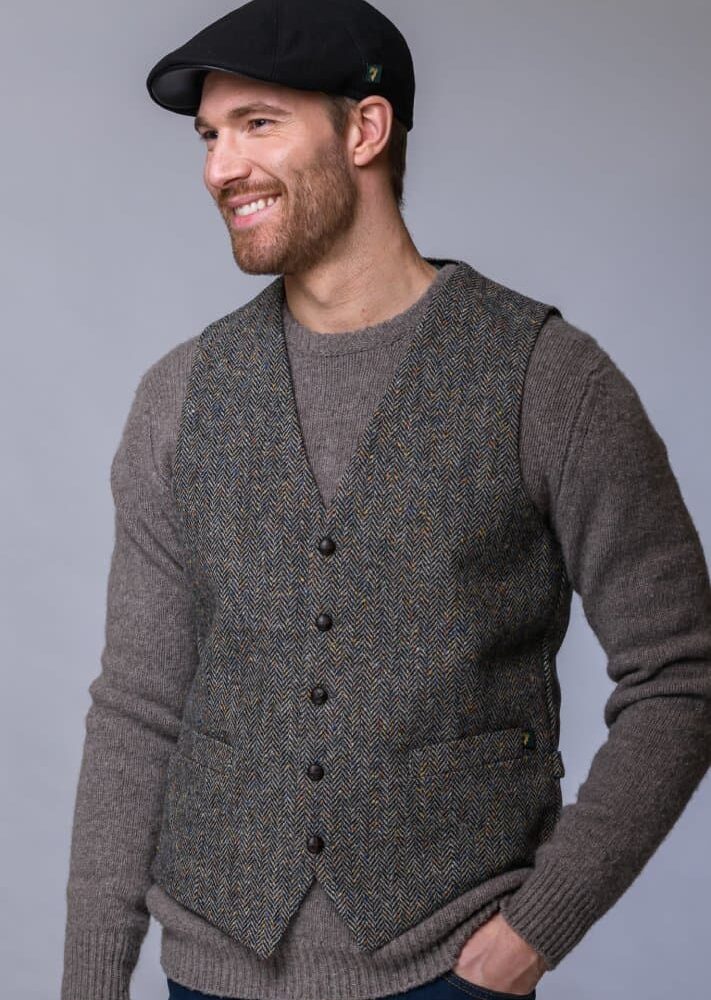 Irish Tweed Vest For Men - Light Gray Herringbone
