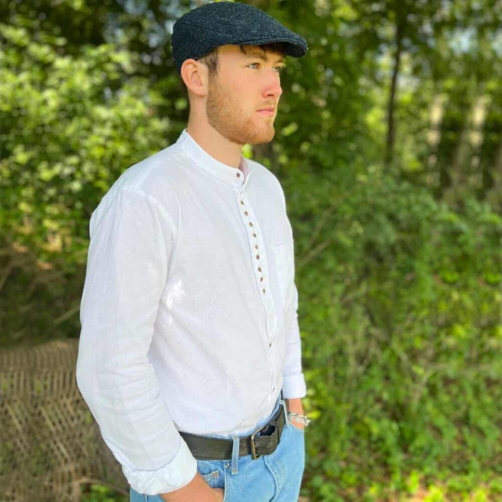 Grandfather Shirt White. Blue Hanna Hat from Ireland.